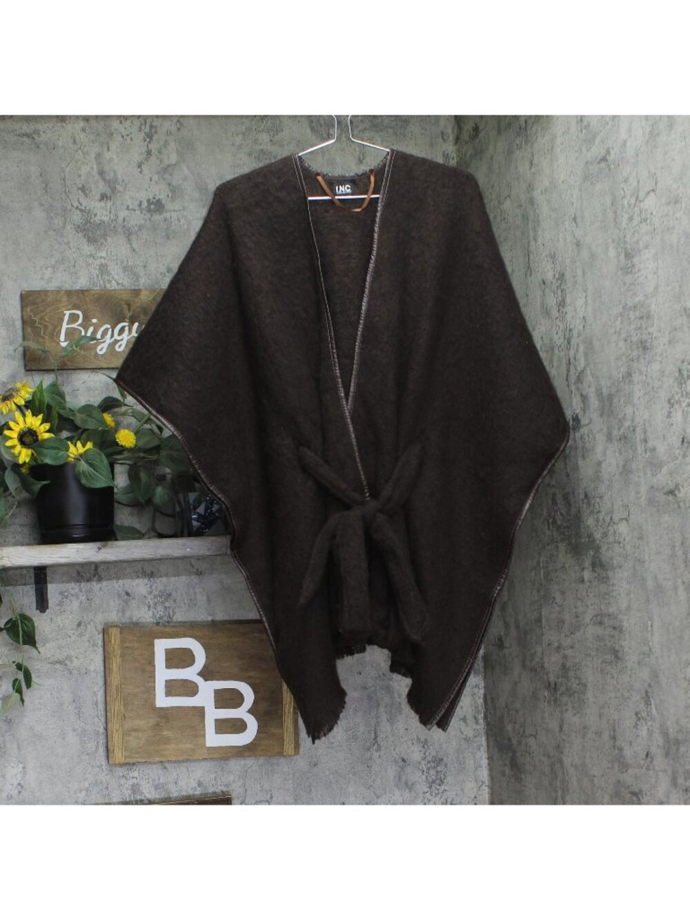 NEW Inc International Concepts Belted Ruana Topper with Piped Trim Dark Brown